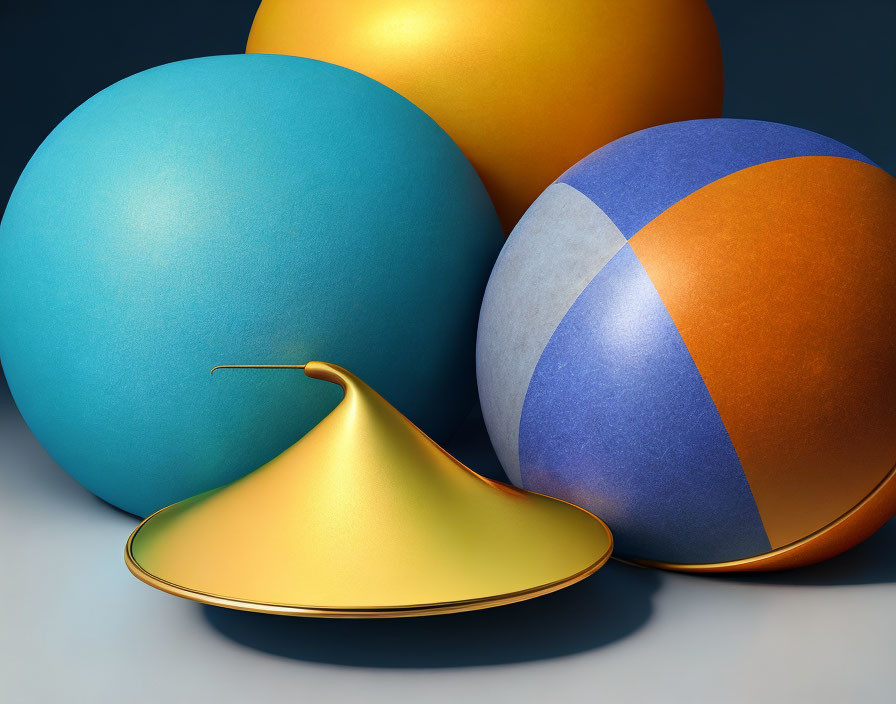 Colorful Spheres and Gold Spinning Top on Dark Background