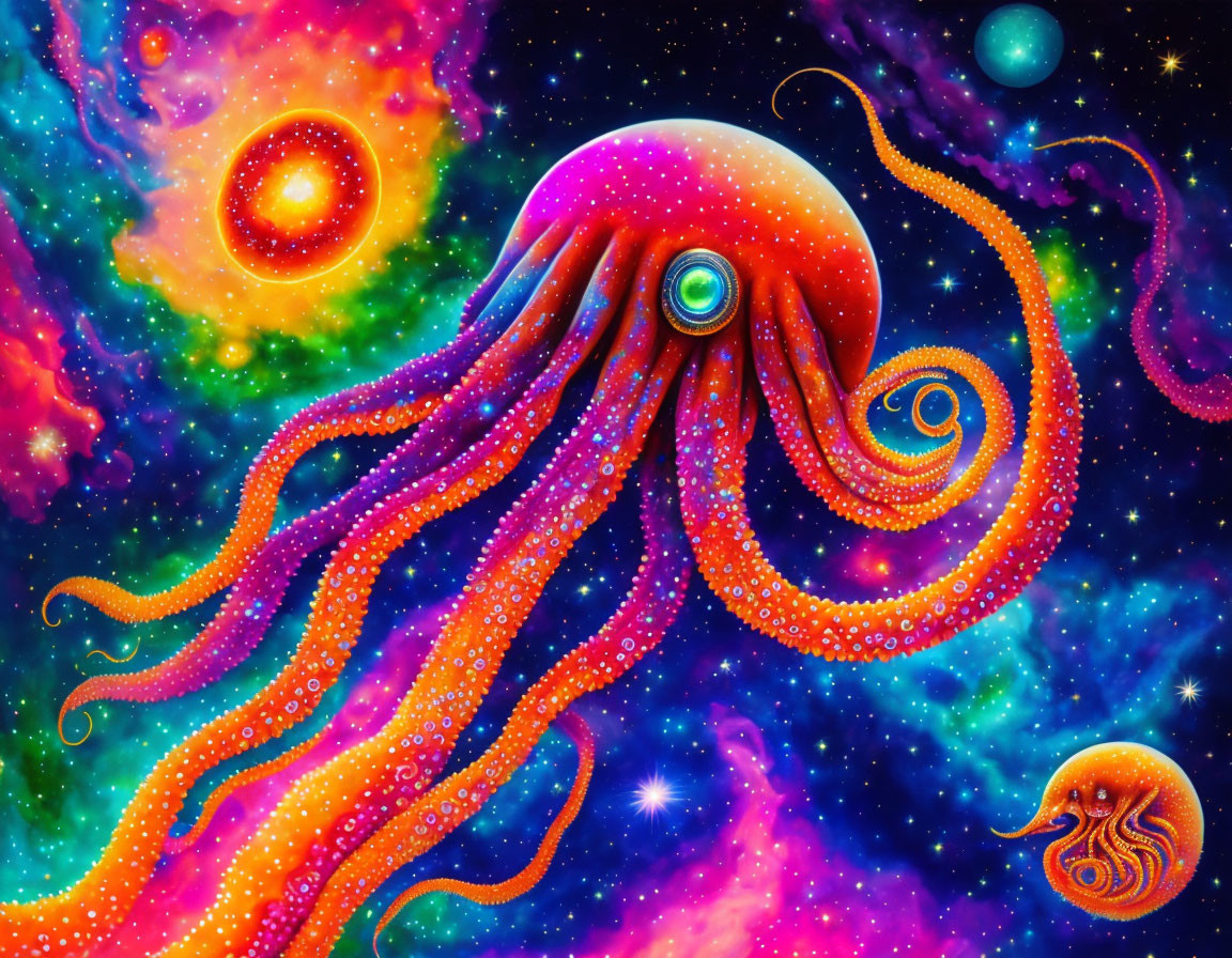 Colorful cosmic octopus illustration with swirling tentacles and celestial backdrop