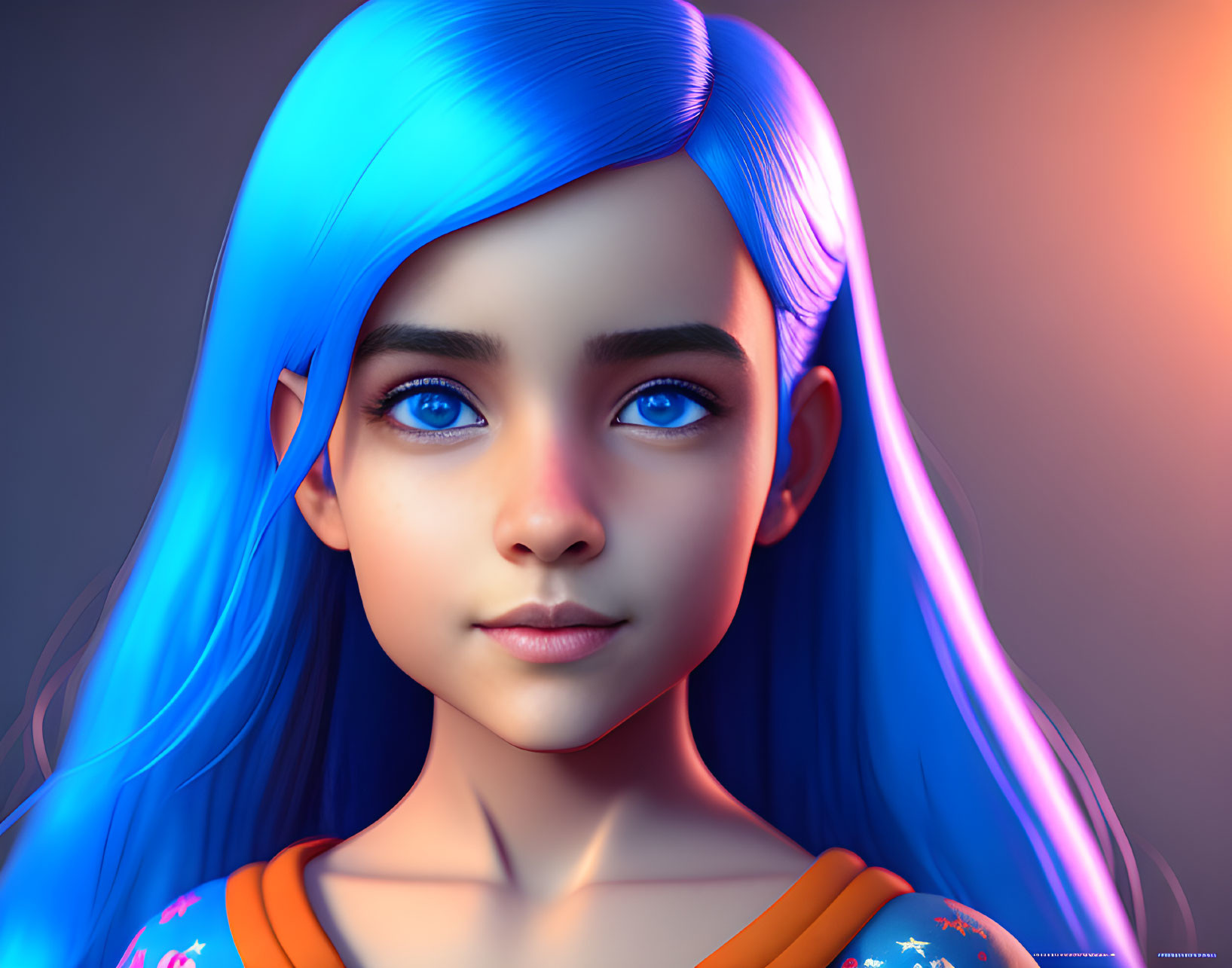 Girl with Blue Hair and Striking Eyes on Blue and Orange Background