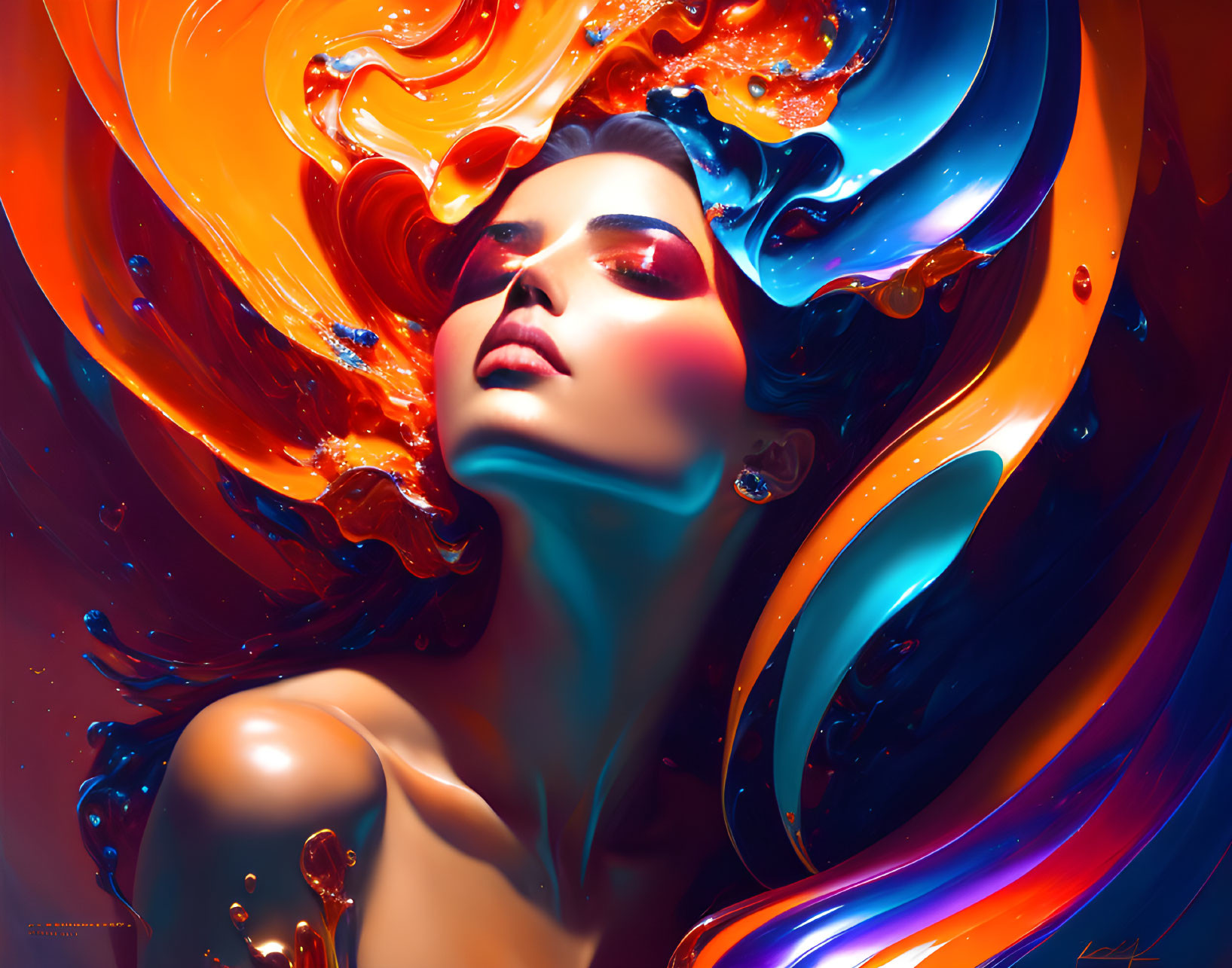 Colorful Abstract Digital Artwork of Woman with Swirling Orange, Blue, and Red Hues