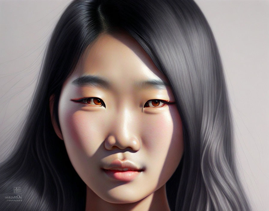 Digital artwork: Young woman with Asian features, red eyeliner, and ombre hair