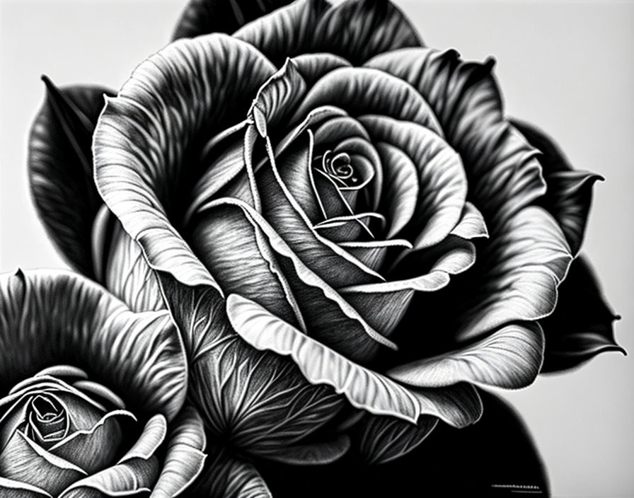 Detailed black and white roses with shadows and highlights