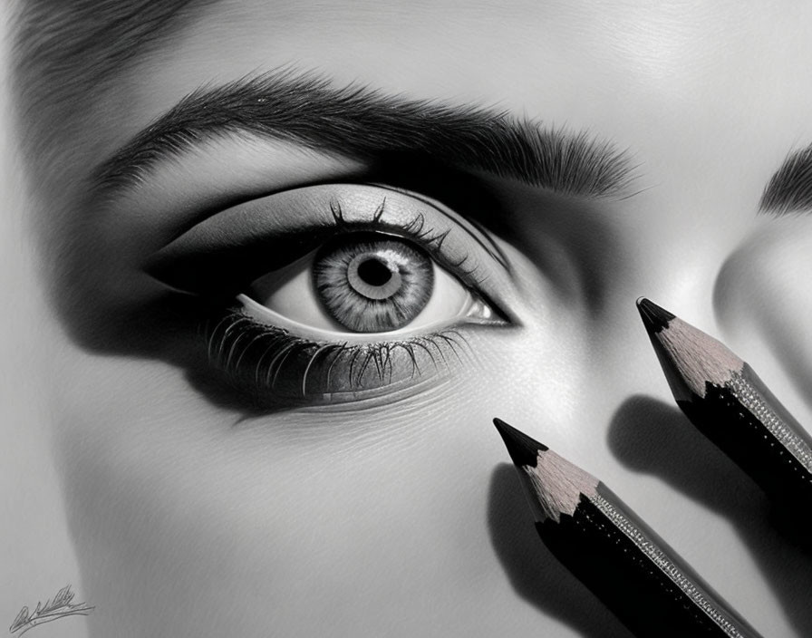 Monochrome close-up eye illustration with three pencils and signature