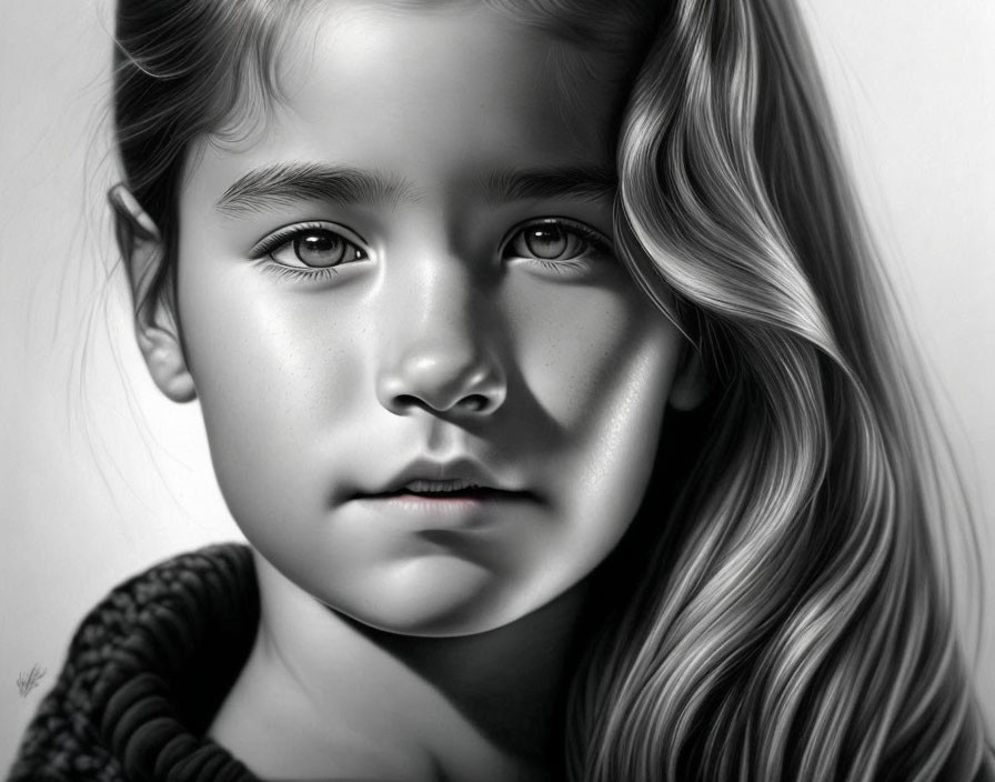 Monochrome portrait of contemplative young girl with long wavy hair