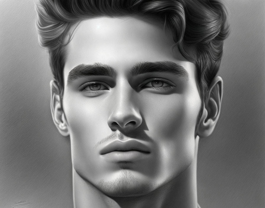 Young man's grayscale digital portrait with defined features, thick eyebrows, and stubble.