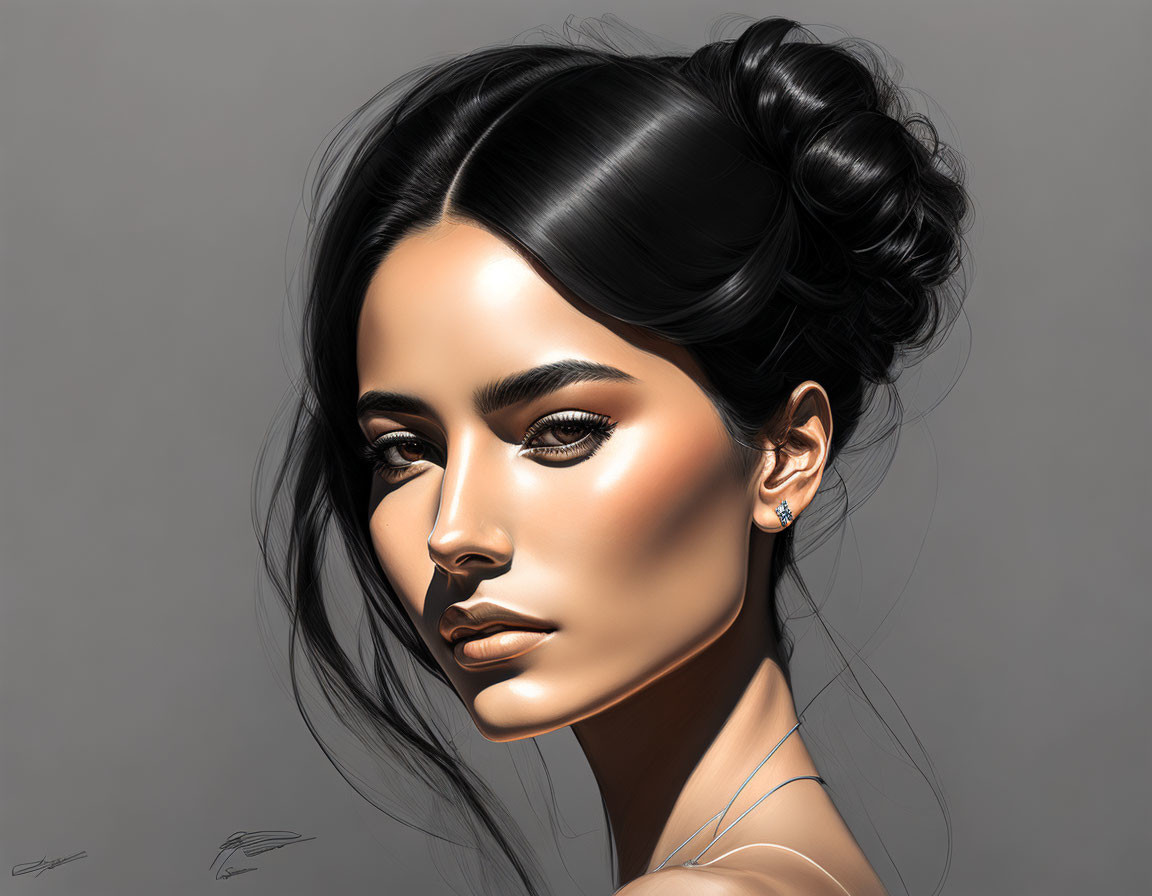 Portrait of woman with sleek bun and prominent cheekbones.