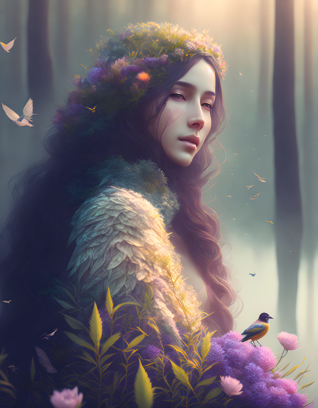 Mystical woman in floral crown and feathered cloak in dreamy forest