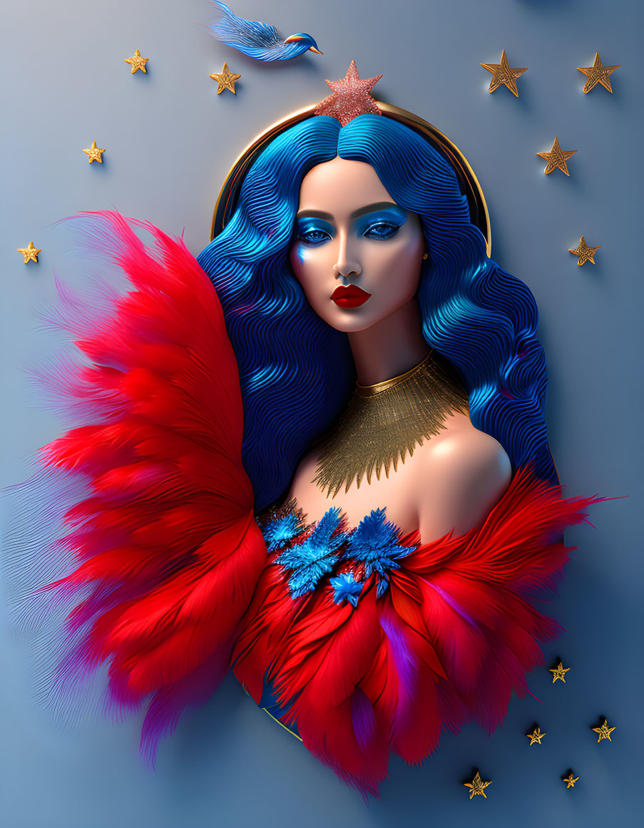 Vibrant blue-haired woman in red feathered attire with golden halo on blue background.