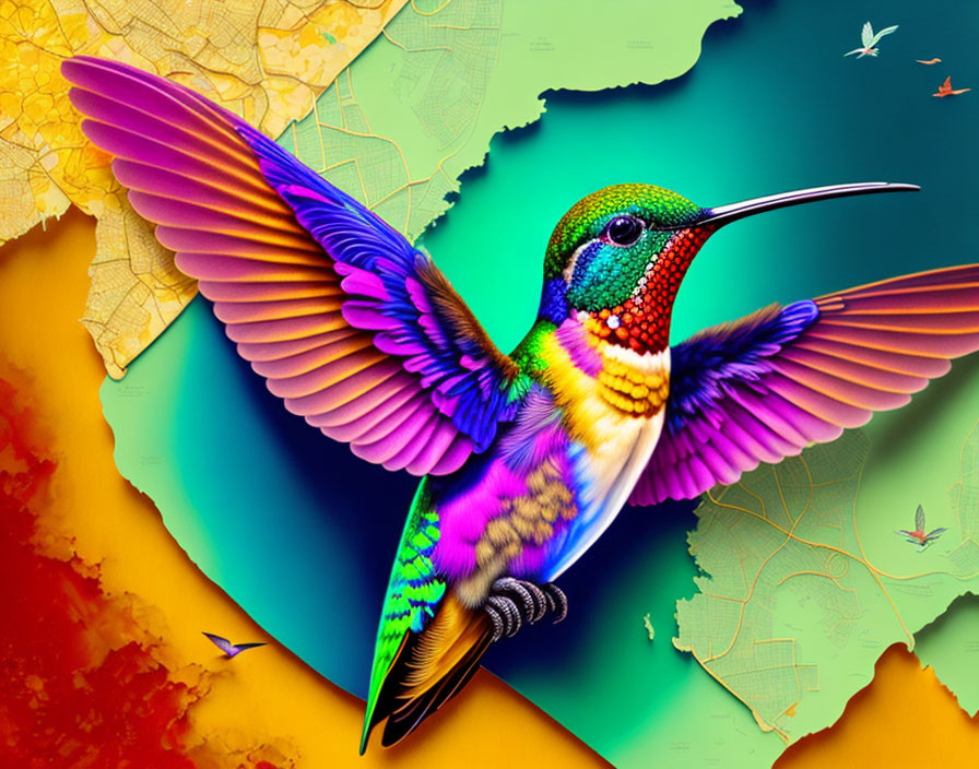 Colorful hummingbird in flight on map background.