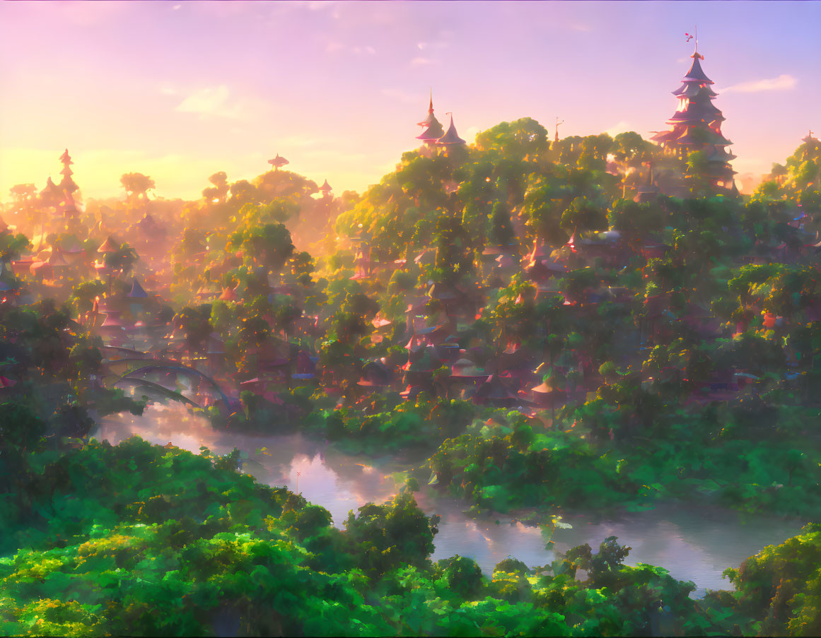 Serene fantasy landscape: lush greenery, traditional towers, gentle river.