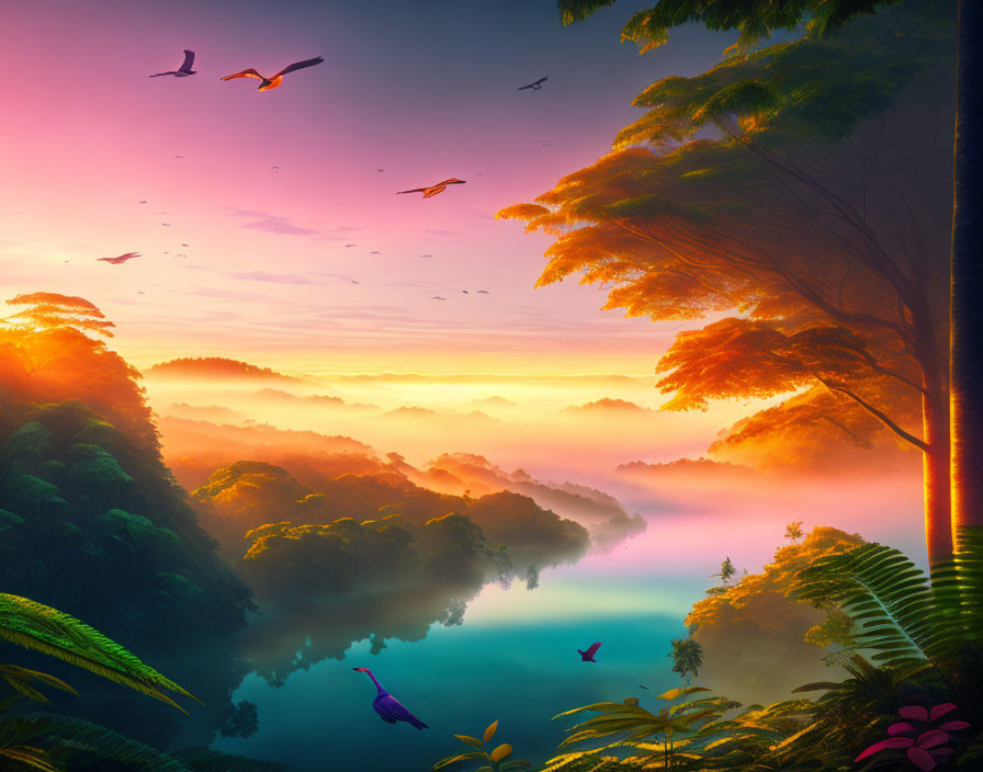 Scenic sunrise over misty tropical forest with river and lush foliage