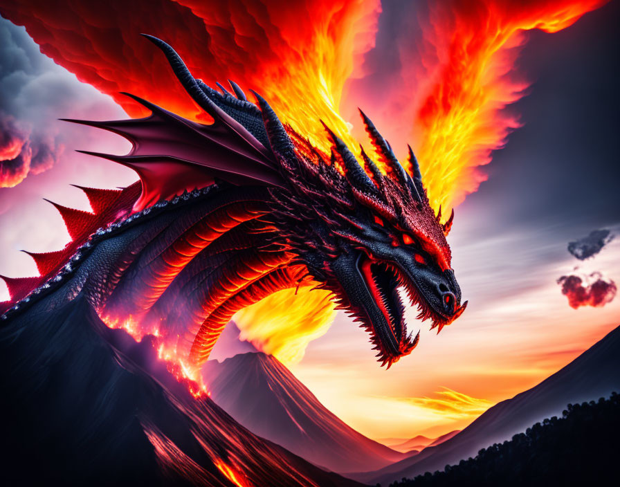 Red and Black Dragon Flying Over Volcanic Mountains