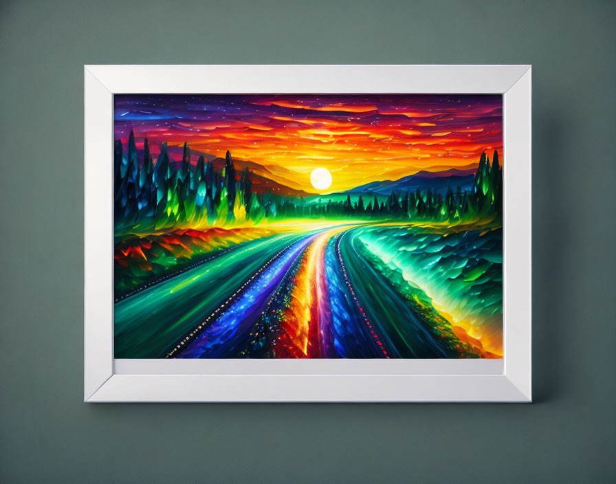 Colorful surreal landscape painting with sunset, hills, pathway, and crescent moon