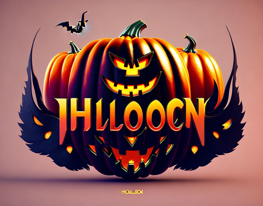 Stylized Halloween graphic with pumpkin, bat, and fiery "Halloween" reflection