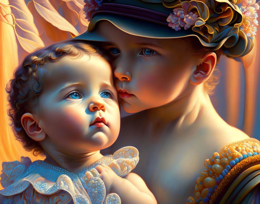 Vibrant digital painting: Two children in tender sibling embrace