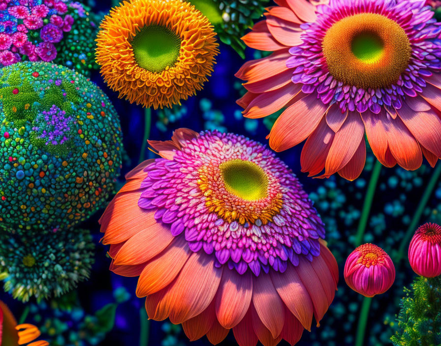 Close-up of Vibrant Orange, Pink, and Green Flowers on Blue Background