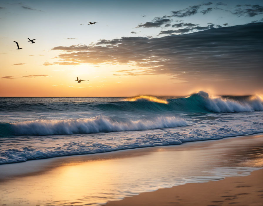 Scenic beach sunset with crashing waves and flying birds