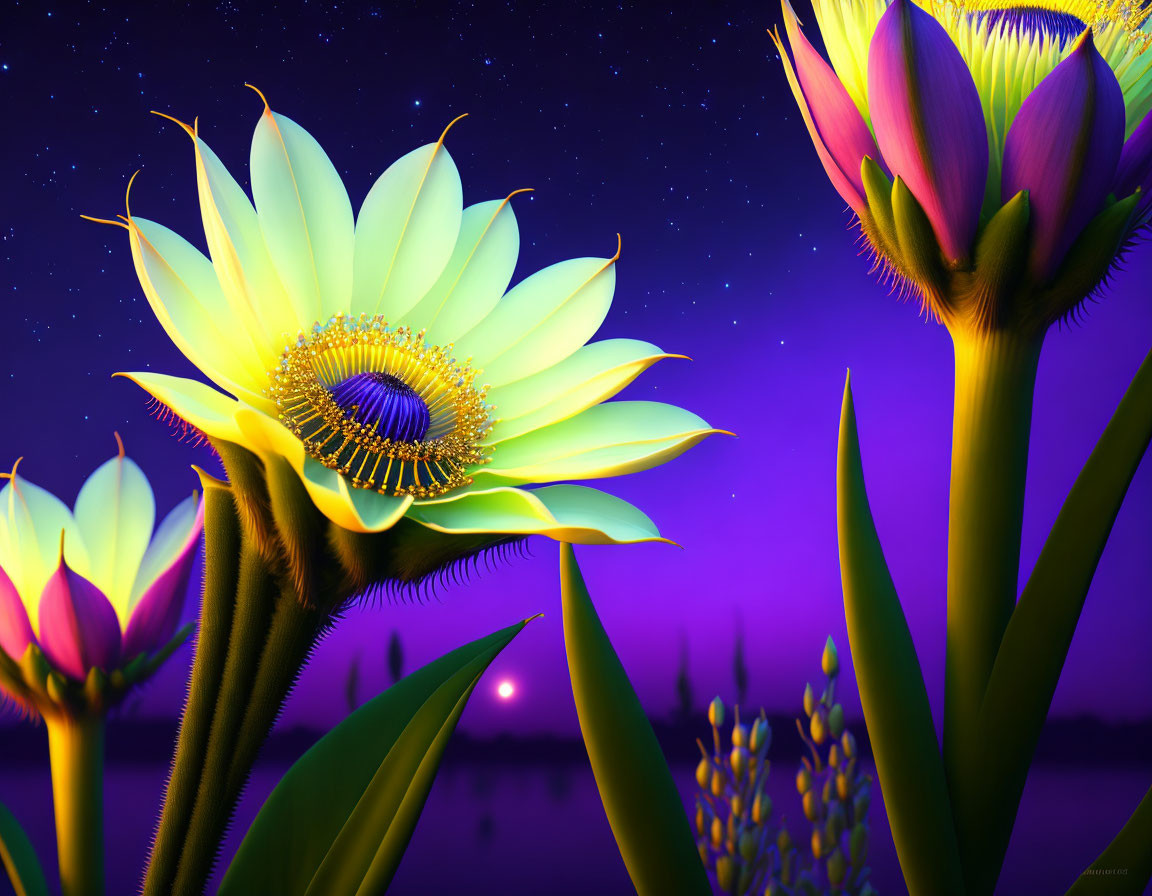 Luminescent flowers in starry night sky with subtle sunset