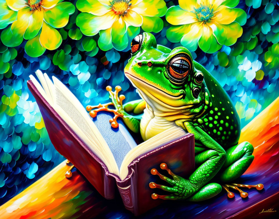 Colorful Illustration: Green Frog with Glasses Reading Book in Vibrant Flower Garden