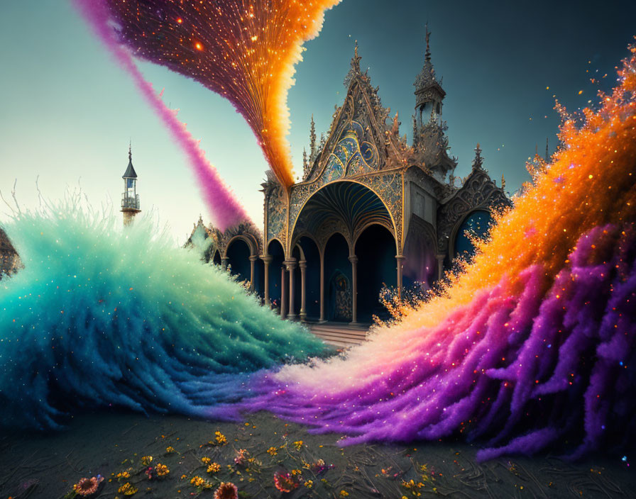 Vibrant colorful waves in fantasy landscape against Gothic-style structure