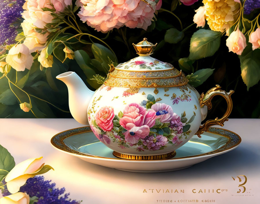 Floral Design Teapot on Plate with Pink Hydrangeas