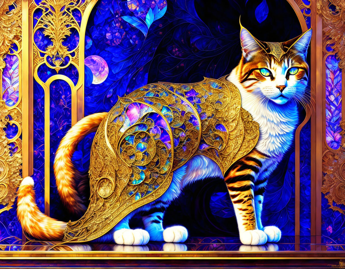 Regal cat in gold armor on blue background