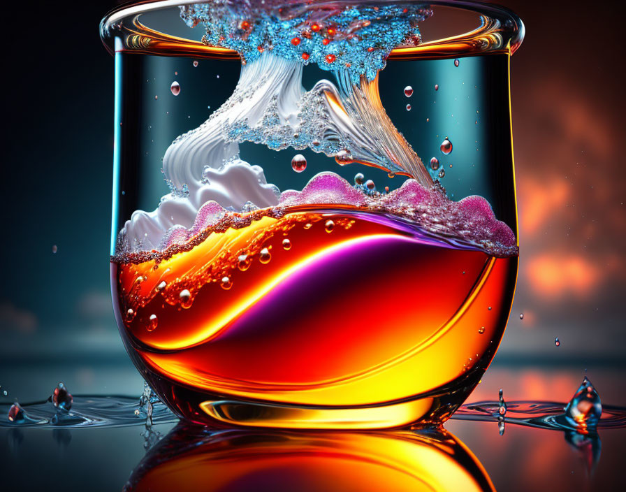 Colorful Close-Up of Drink Splash with Bubbles and Swirling Liquid