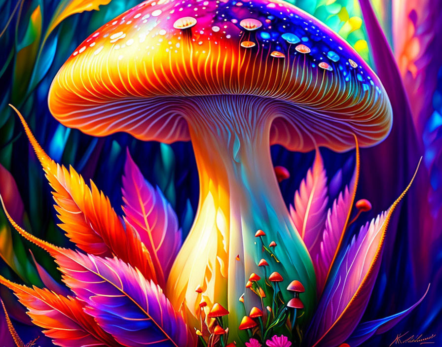 Colorful digital artwork: Luminescent mushroom in vibrant, fantastical setting