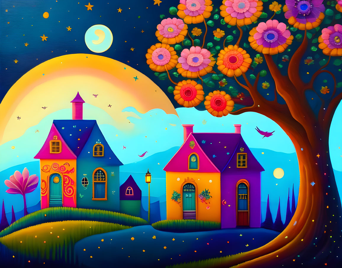 Whimsical houses by giant tree under starry sky