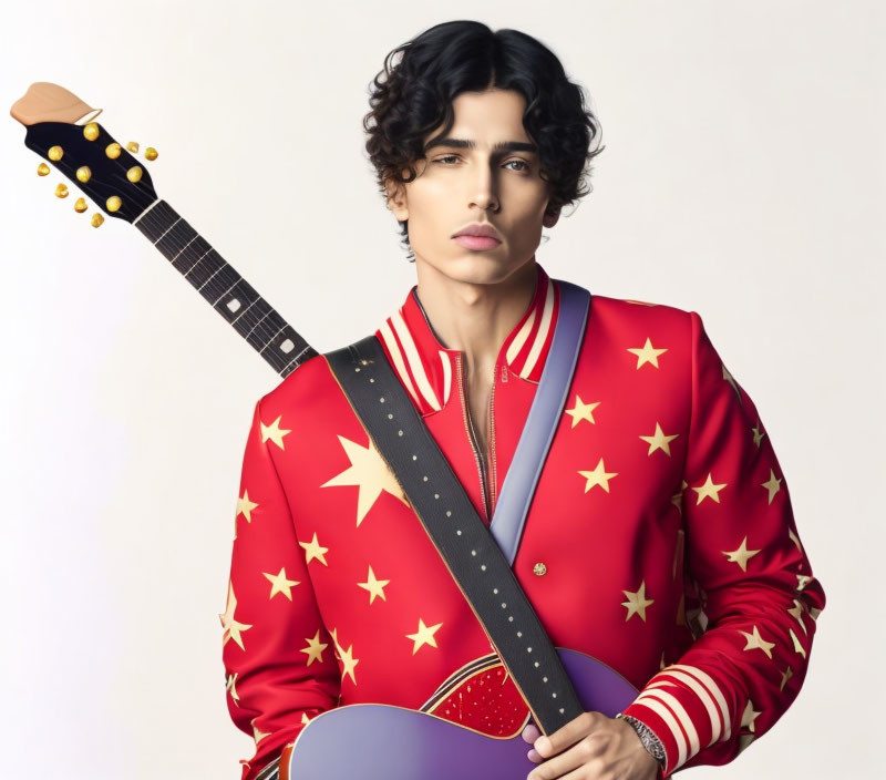 Curly-Haired Person in Red Star Jacket with Guitar