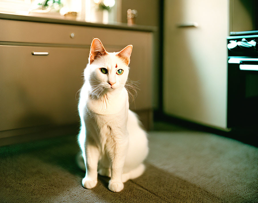 White Cat with Colored Patch and Green Eyes on Grey Carpet in Sunlit Room