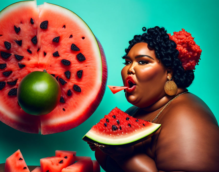 Woman posing with watermelon slices in hair and makeup on turquoise background.