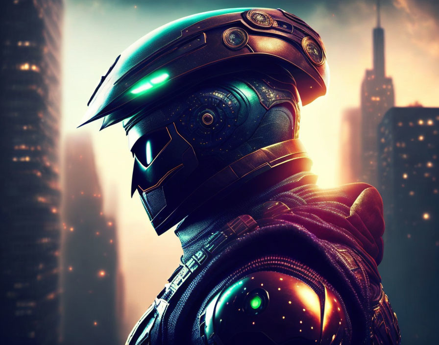 Futuristic soldier in advanced combat gear with glowing elements against blurred cityscape.