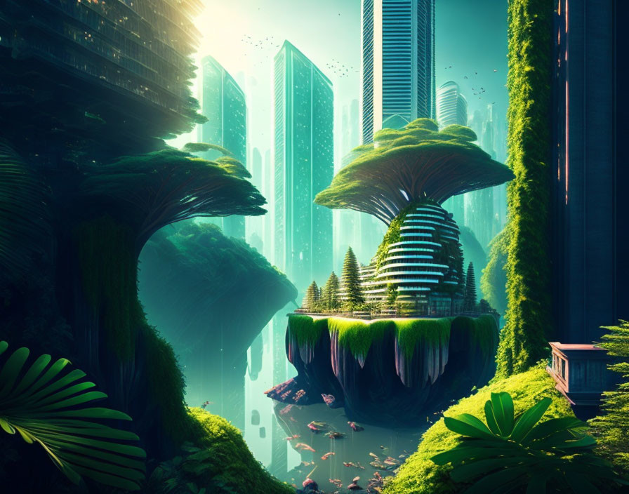 Futuristic cityscape with skyscrapers, greenery, waterfalls & floating islands