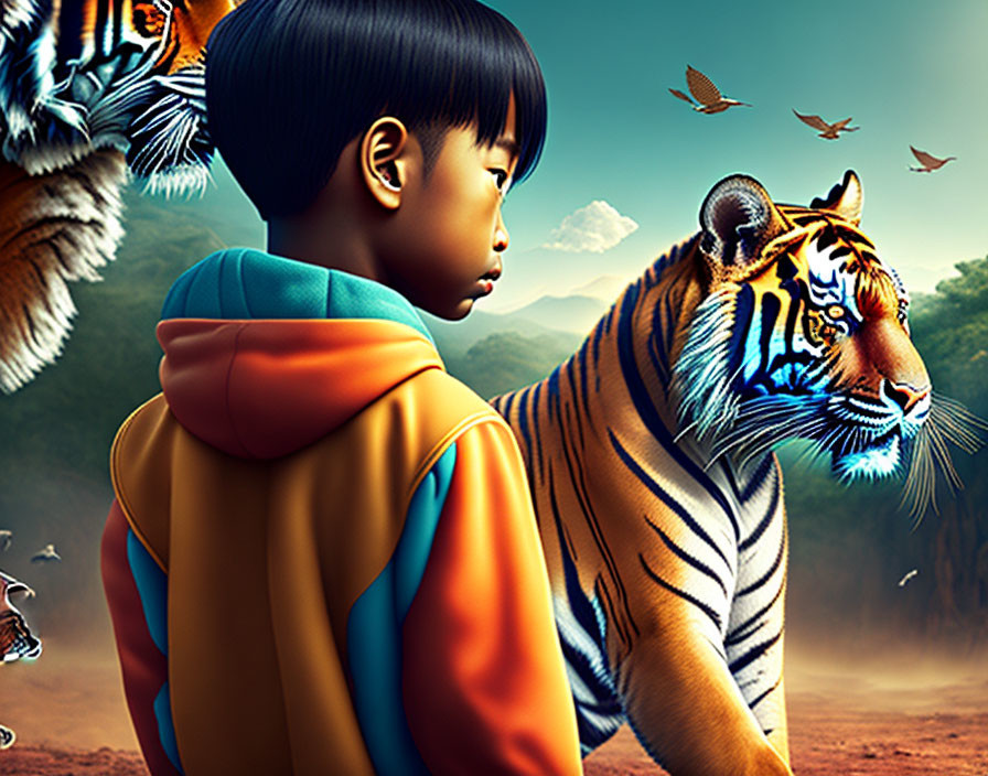 Colorful Hoodie Boy with Tigers in Vibrant Landscape