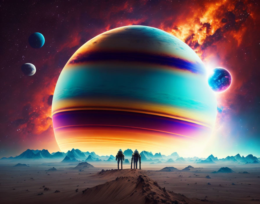 Silhouetted figures on desert landscape with gas giant and moons in starry sky