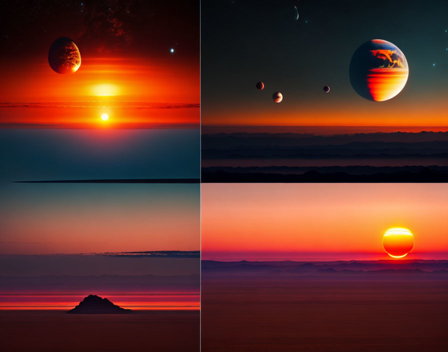 Collage of Four Sunset Scenes with Celestial Bodies