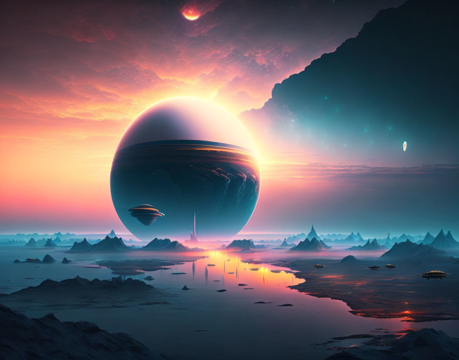 Alien landscape at twilight: large planet, reflective water, pointy rock formations