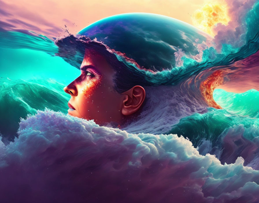 Digital artwork: Woman's profile merges cosmic and oceanic elements