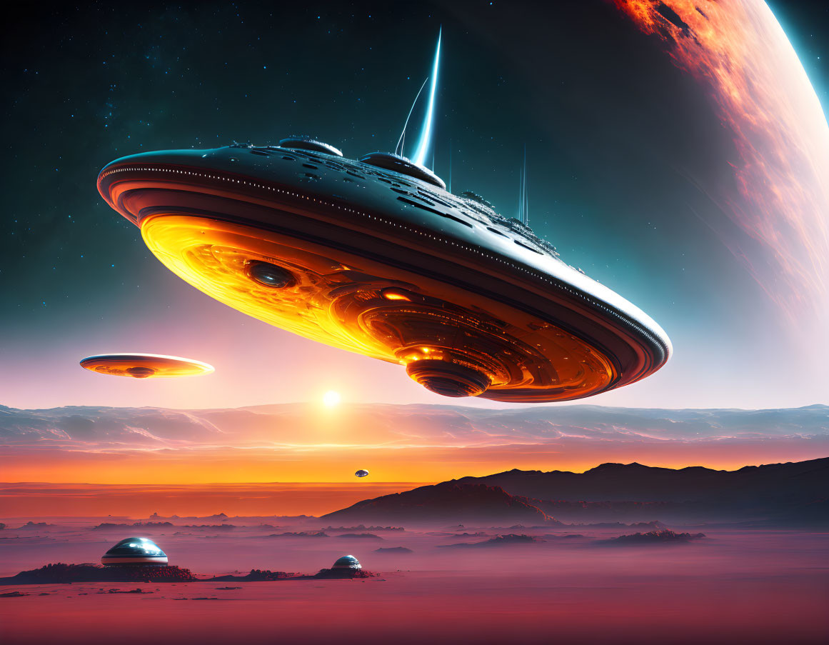 Large spaceship hovers above misty alien landscape at sunset