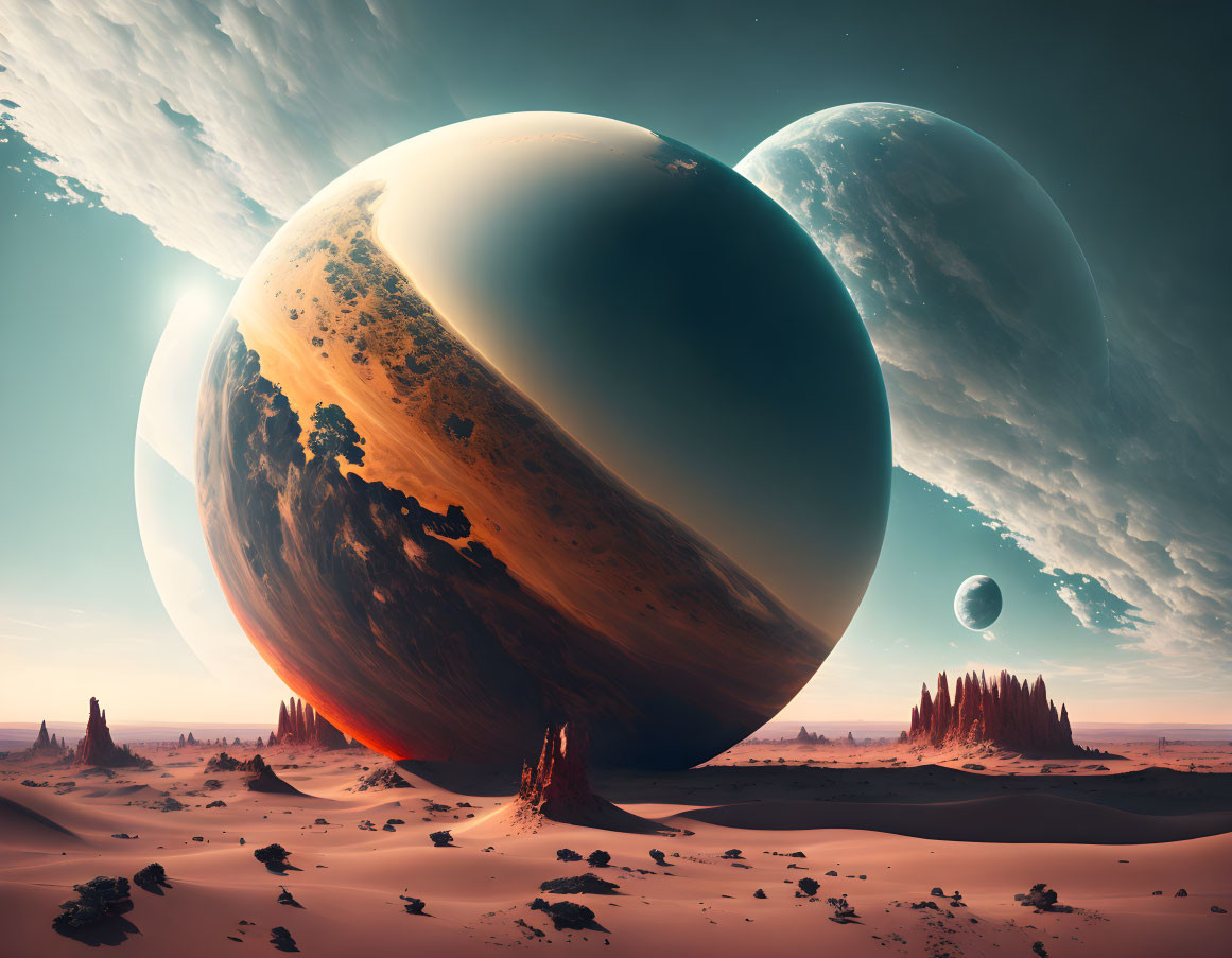 Massive planets over arid desert landscape at dusk
