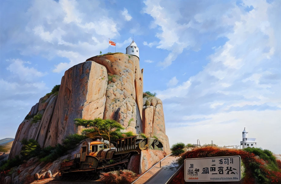 Digital artwork of vintage train circling monumental rock with tower and flag.