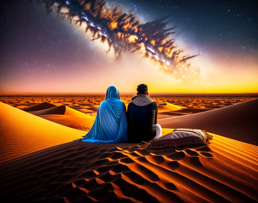 Spectacular sunset over desert with two people watching