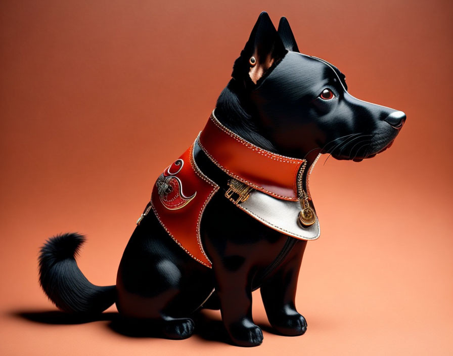 Black Dog Figurine in Red and Gold Harness on Warm Red Background