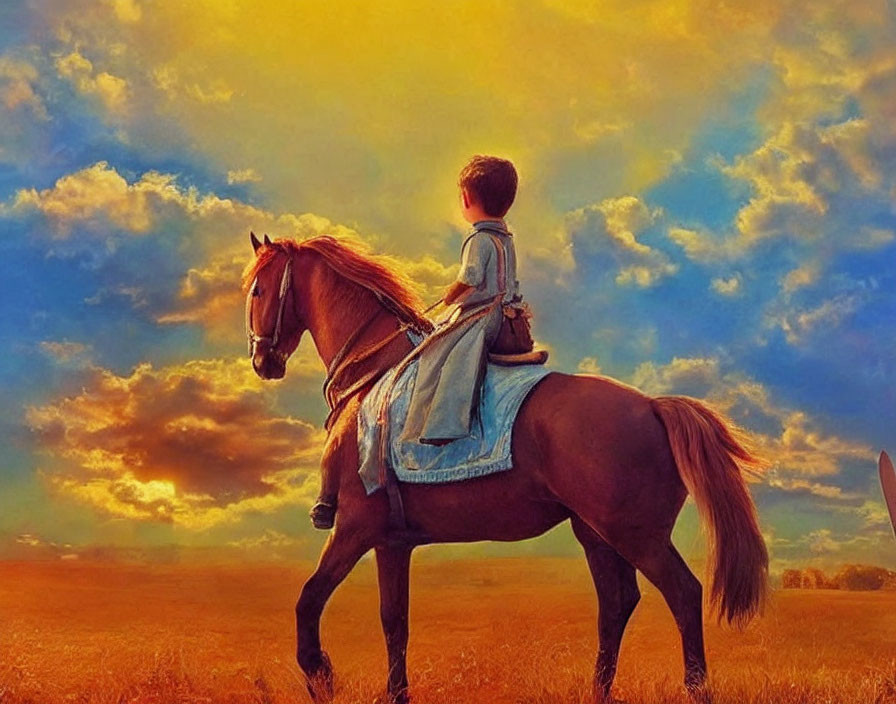 Child riding horse in open field at sunset with vibrant clouds