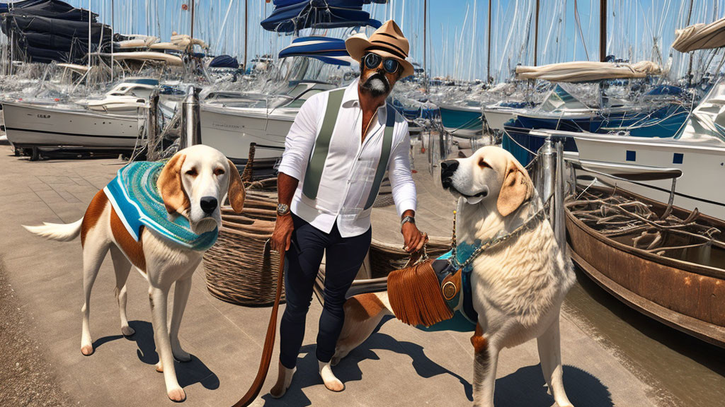 Bearded man with hat and dogs on dock with sailboats