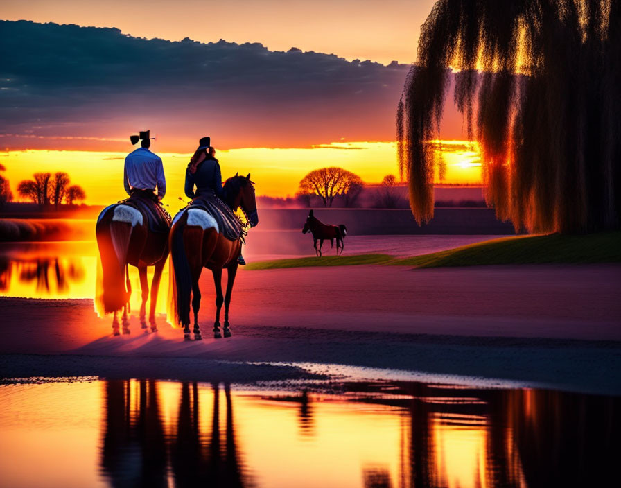 Equestrians on horseback near lake at sunset with vivid orange sky