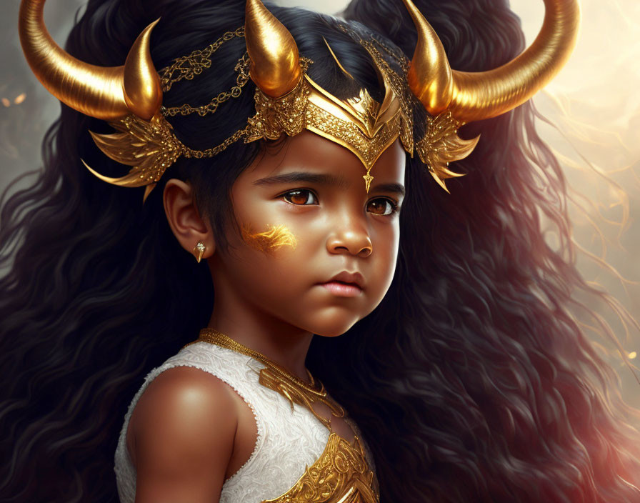 Young girl in mythical warrior attire with golden horned crown and armor, dark hair, and golden face