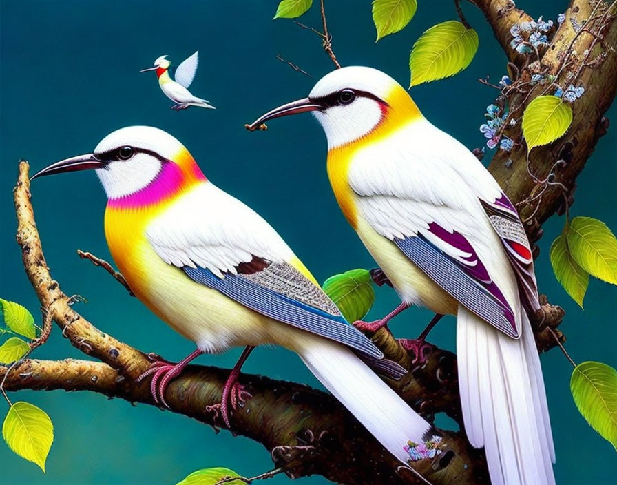 Colorful Birds Perched on Branch with Flying Bird in Green Foliage