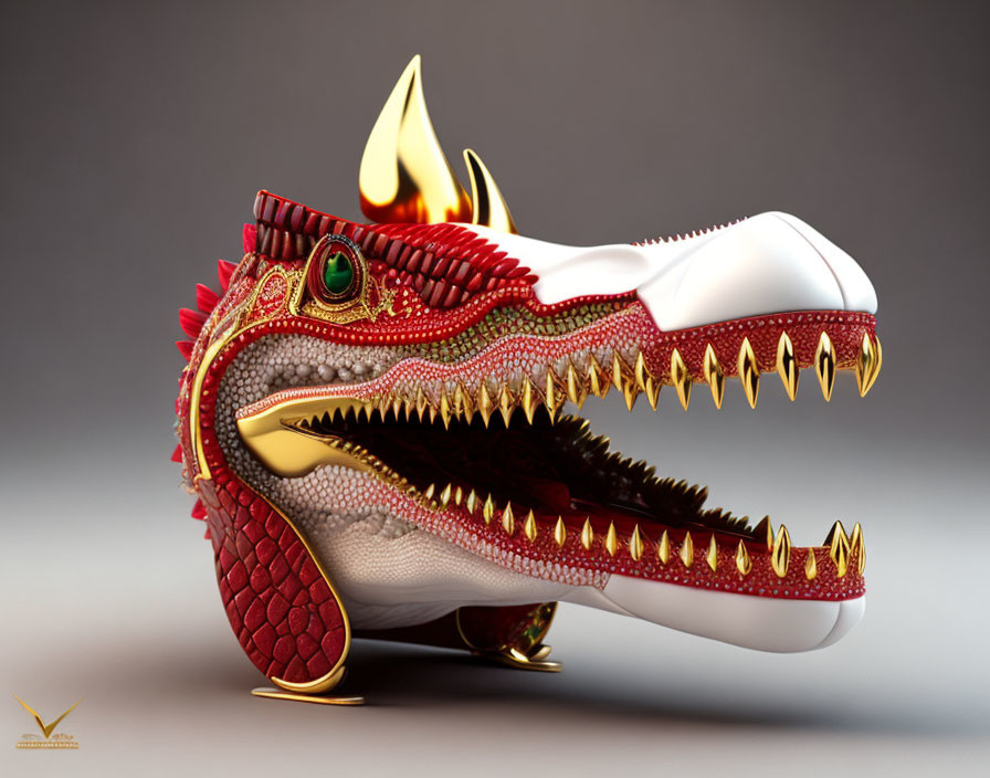 Detailed 3D red and white dragon head with flame and intricate scales